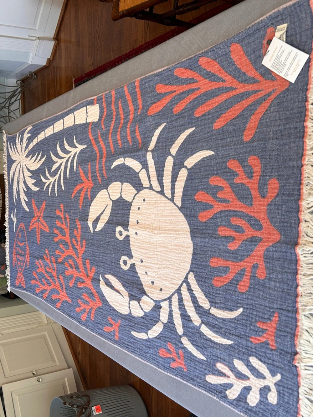 Woven Cool Crab Beach Towel Loom Weave 2 Side Navy + Coral NEW
